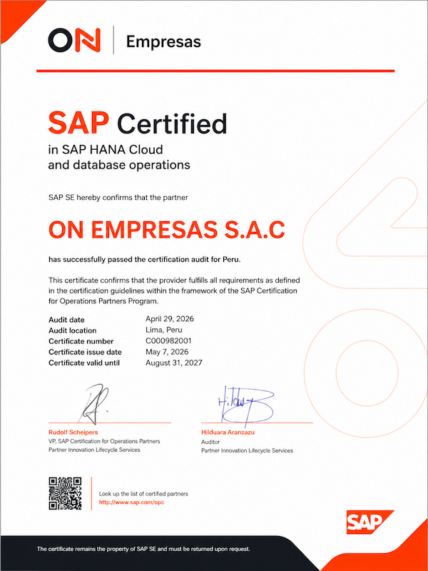 certificado de on empresas como sap hana cloud and data base operations